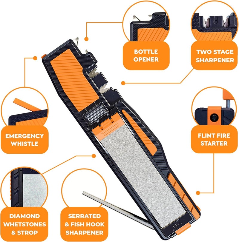 Sharp Pebble Orange Ninja Pocket Knife Sharpener with Guided Diamond Whetstones – 8-in-1 Tool Sharpener for EDC, Outdoor, Hunting & Camping Knives - Includes Diamond Rod, Leather Strop & Fire Starter - Image 2